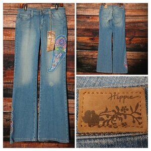 NWT Hippie Jeans Vintage Y2K 9 34.5" Inseam Flare Leg Low Rise Embroidered Denim